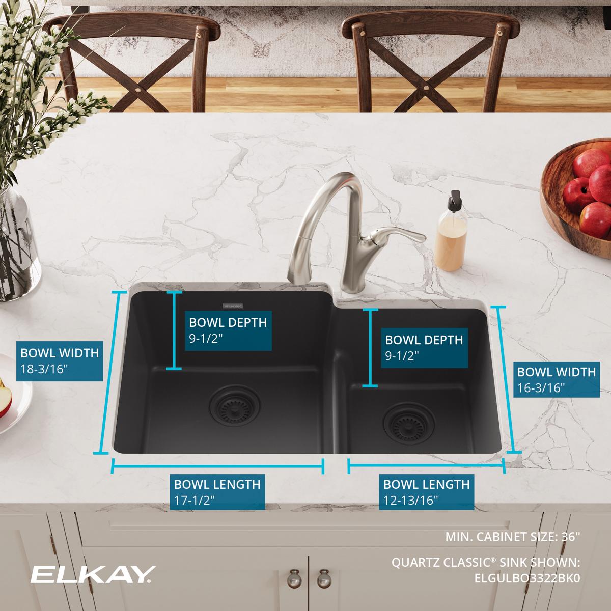 Elkay Quartz Classic 33" Undermount Quartz Kitchen Sink, 60/40 Double Bowl, Black, ELGULBO3322BK0