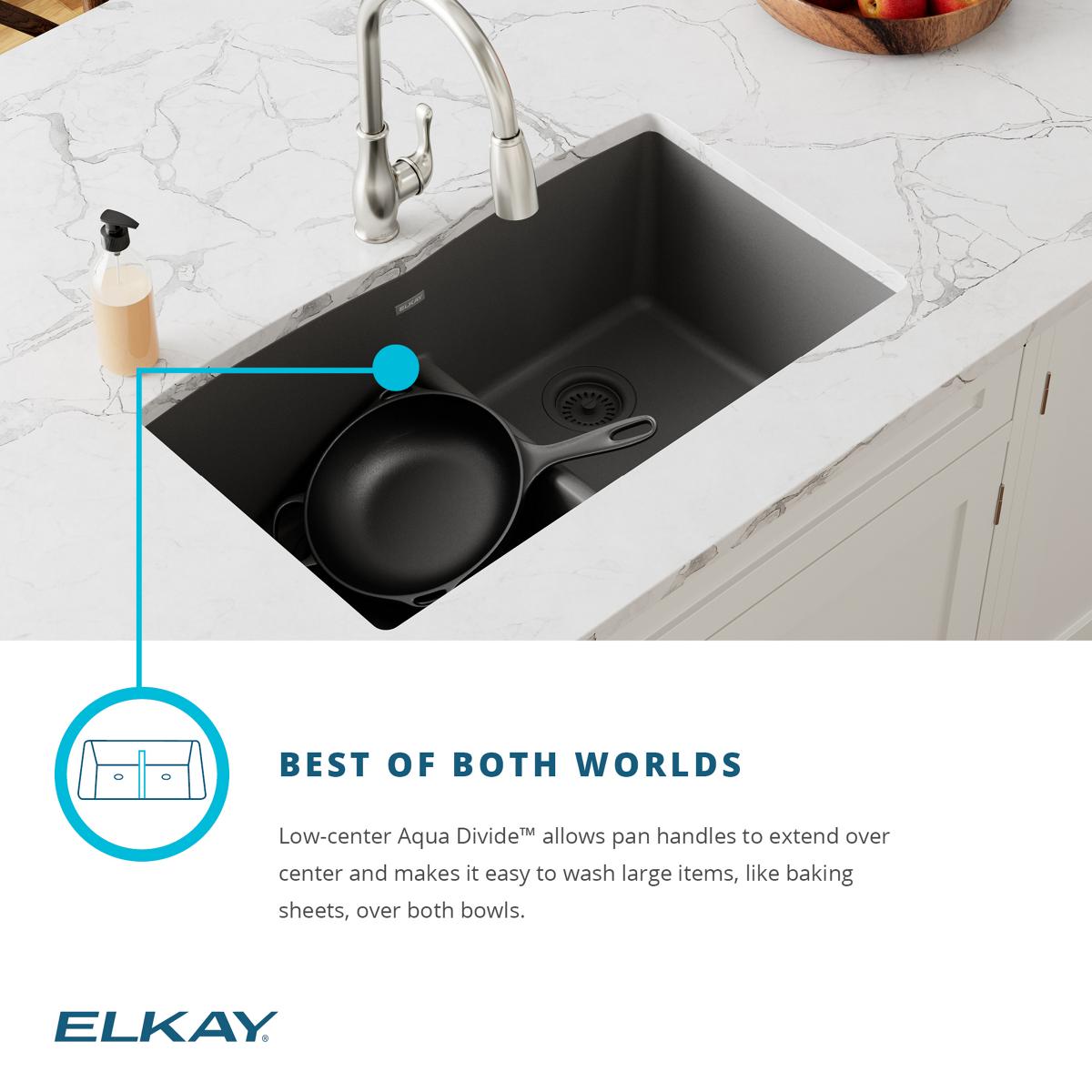 Elkay Quartz Classic 33" Undermount Quartz Kitchen Sink, 60/40 Double Bowl, Dusk Gray, ELGULBO3322GY0
