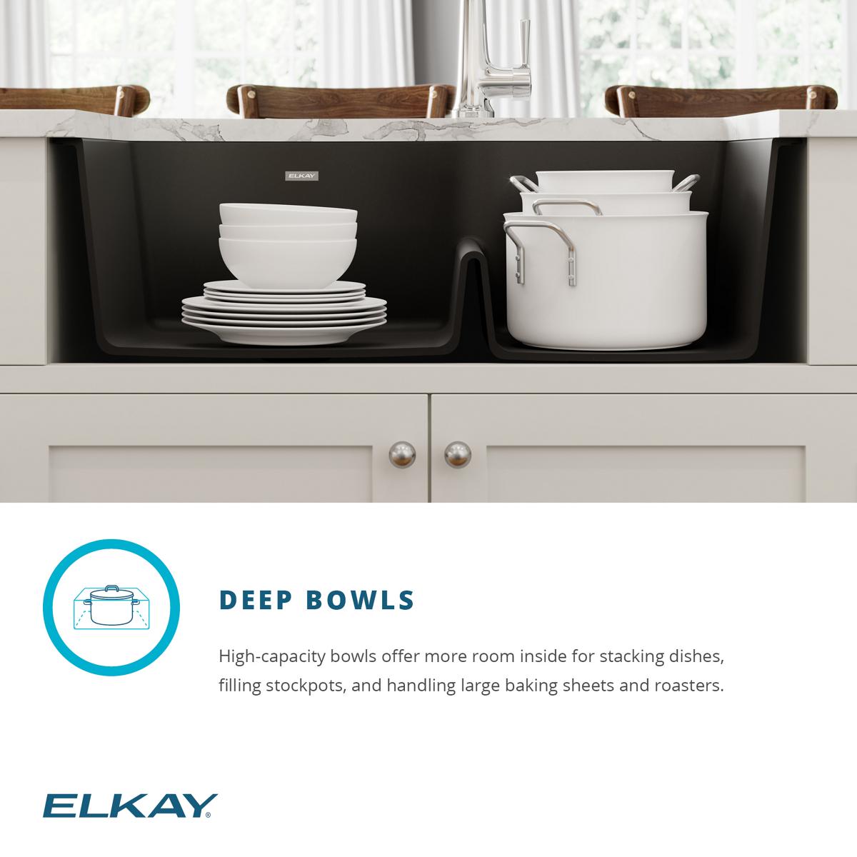 Elkay Quartz Classic 33" Undermount Quartz Kitchen Sink Kit with Faucet, 60/40 Double Bowl, Mocha, ELGHU3322RMCFLC
