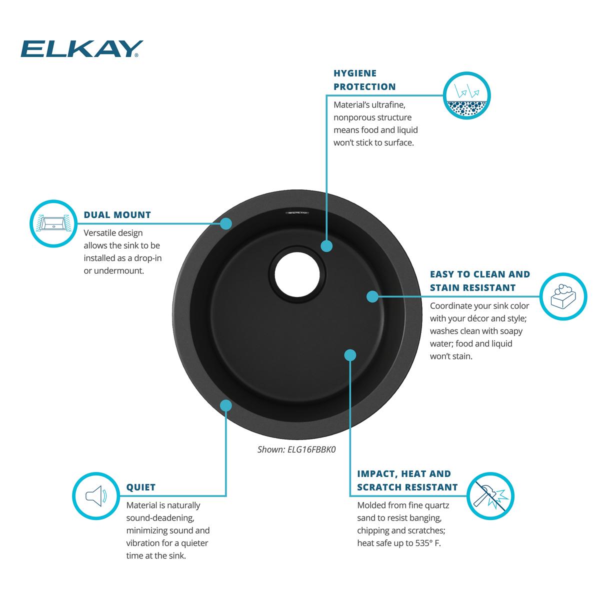 Elkay Quartz Classic 18" Dual Mount Quartz Kitchen Sink, Single Bowl, Black, ELG16FBBK0