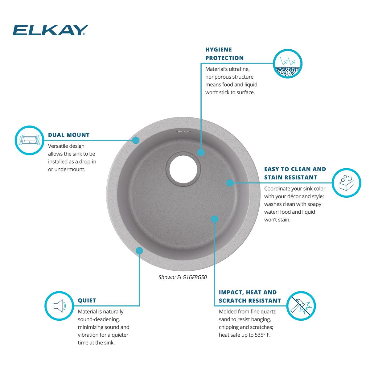 Elkay Quartz Classic 18" Dual Mount Quartz Kitchen Sink, Single Bowl, Greystone, ELG16FBGS0