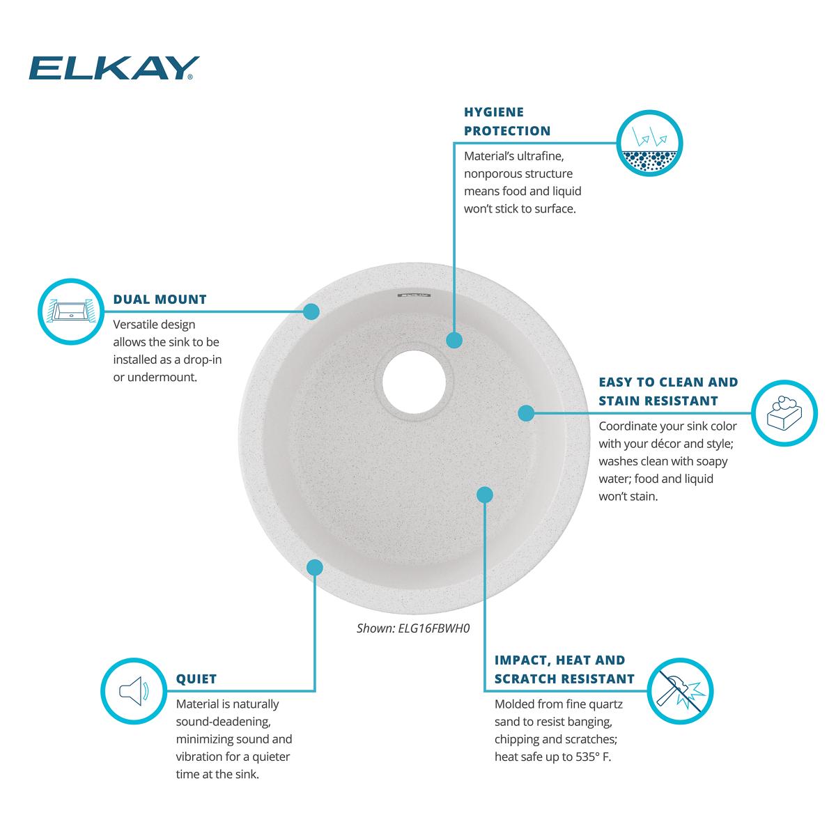 Elkay Quartz Classic 18" Dual Mount Quartz Kitchen Sink, Single Bowl, White, ELG16FBWH0