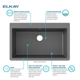 Elkay Quartz Classic 33" Drop In/Topmount Quartz Kitchen Sink, Dusk Gray, 5 Pre-scored Faucet Holes, ELGR13322GY0