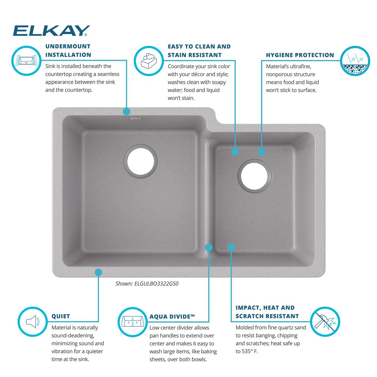 Elkay Quartz Classic 33" Undermount Quartz Kitchen Sink, 60/40 Double Bowl, Greystone, ELGULBO3322GS0