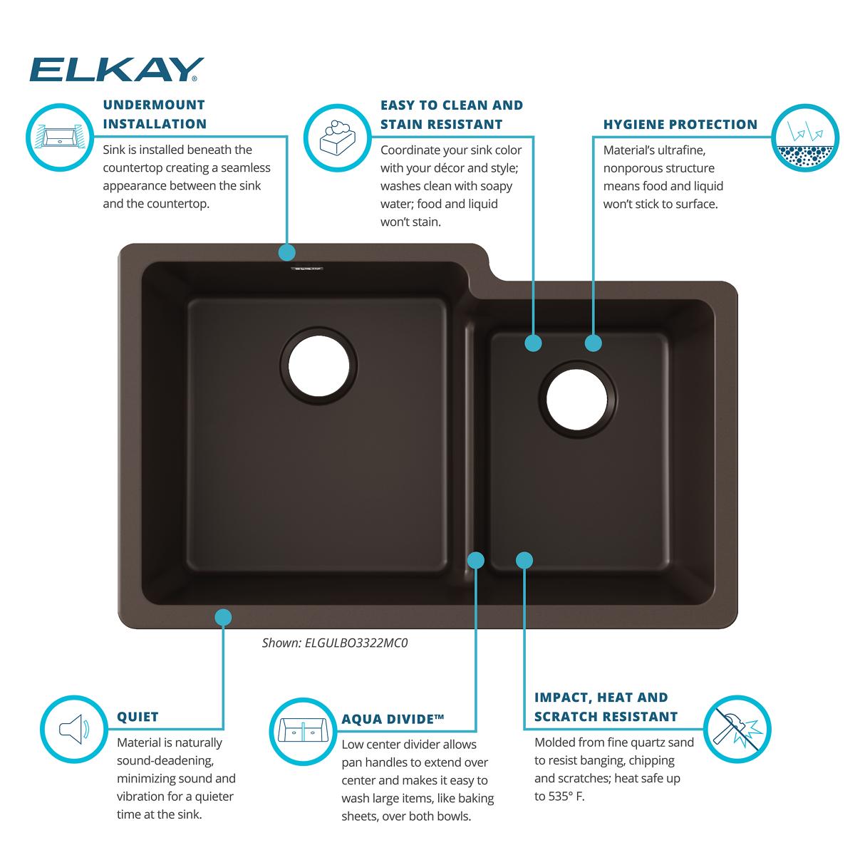 Elkay Quartz Classic 33" Undermount Quartz Kitchen Sink, 60/40 Double Bowl, Mocha, ELGULBO3322MC0