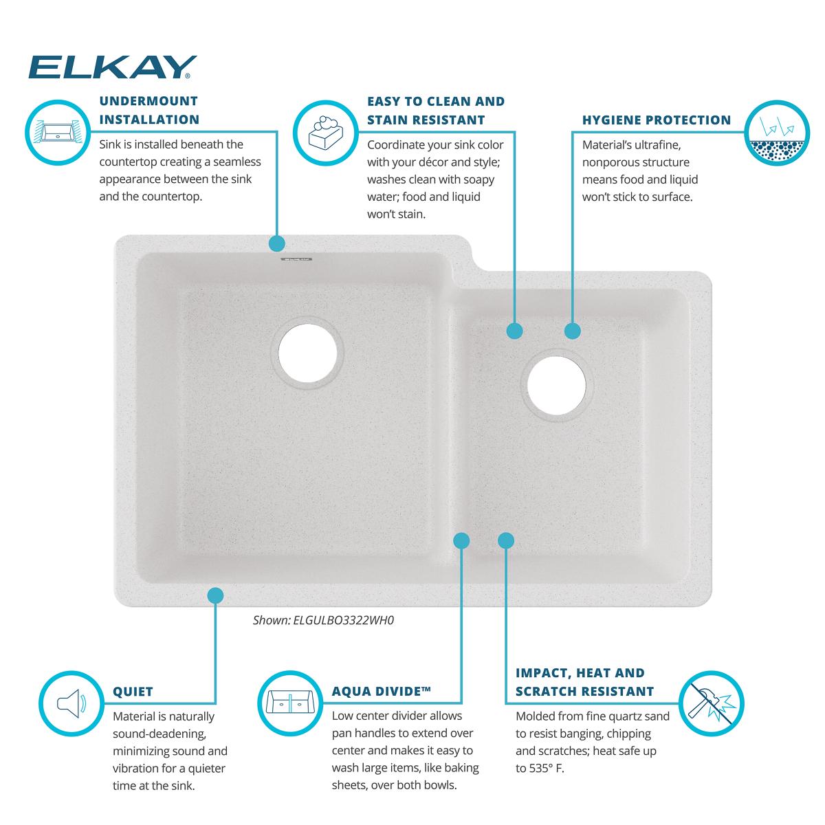 Elkay Quartz Classic 33" Undermount Quartz Kitchen Sink, 60/40 Double Bowl, White, ELGULBO3322WH0