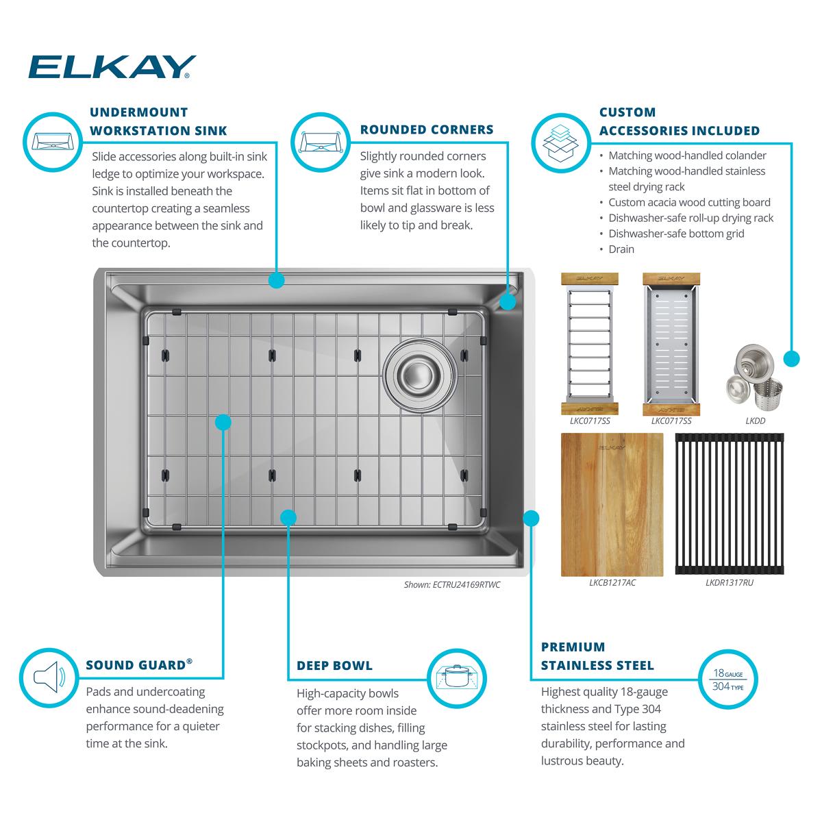 Elkay Crosstown 26" Undermount Stainless Steel Workstation Kitchen Sink Kit with Accessories, Polished Satin, 18 Gauge, ECTRU24169RTWC