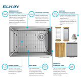 Elkay Crosstown 26" Undermount Stainless Steel Workstation Kitchen Sink Kit with Accessories, Polished Satin, 18 Gauge, ECTRU24169RTWC