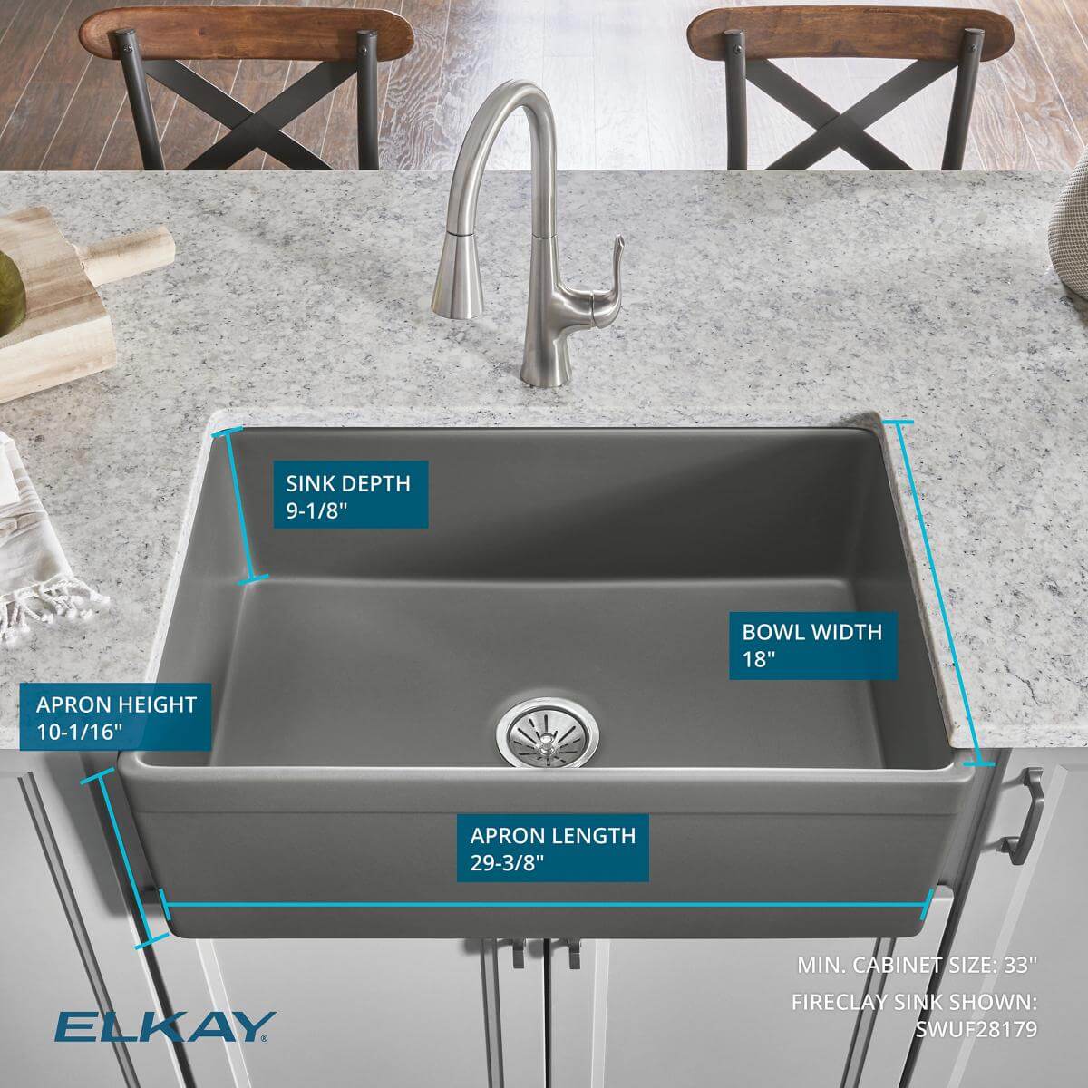 Elkay 30" Fireclay Farmhouse Sink, Matte Gray, SWUF28179MG