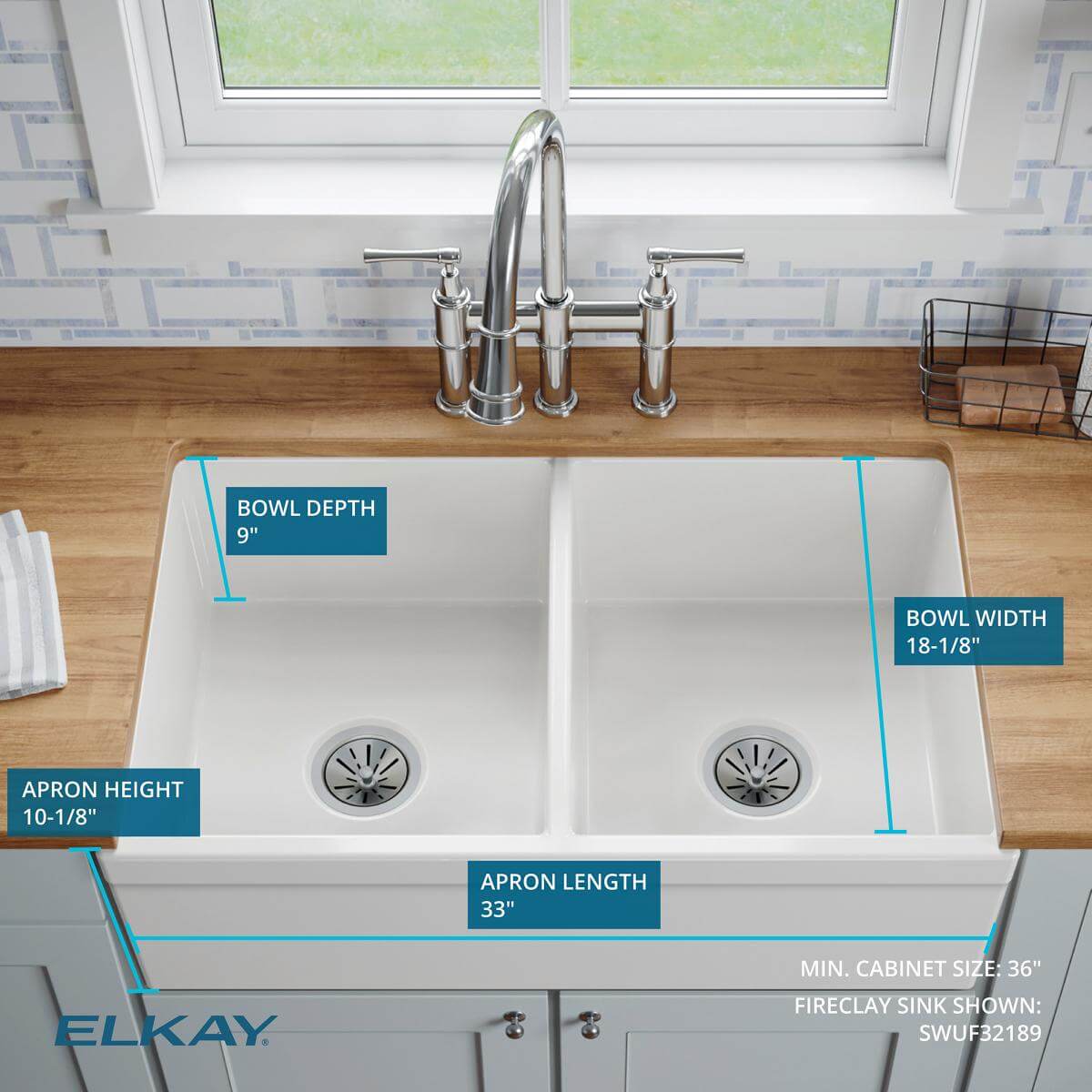 Elkay 33" Fireclay Farmhouse Sink Kit, 50/50 Double Bowl, White, SWUF32189WHC