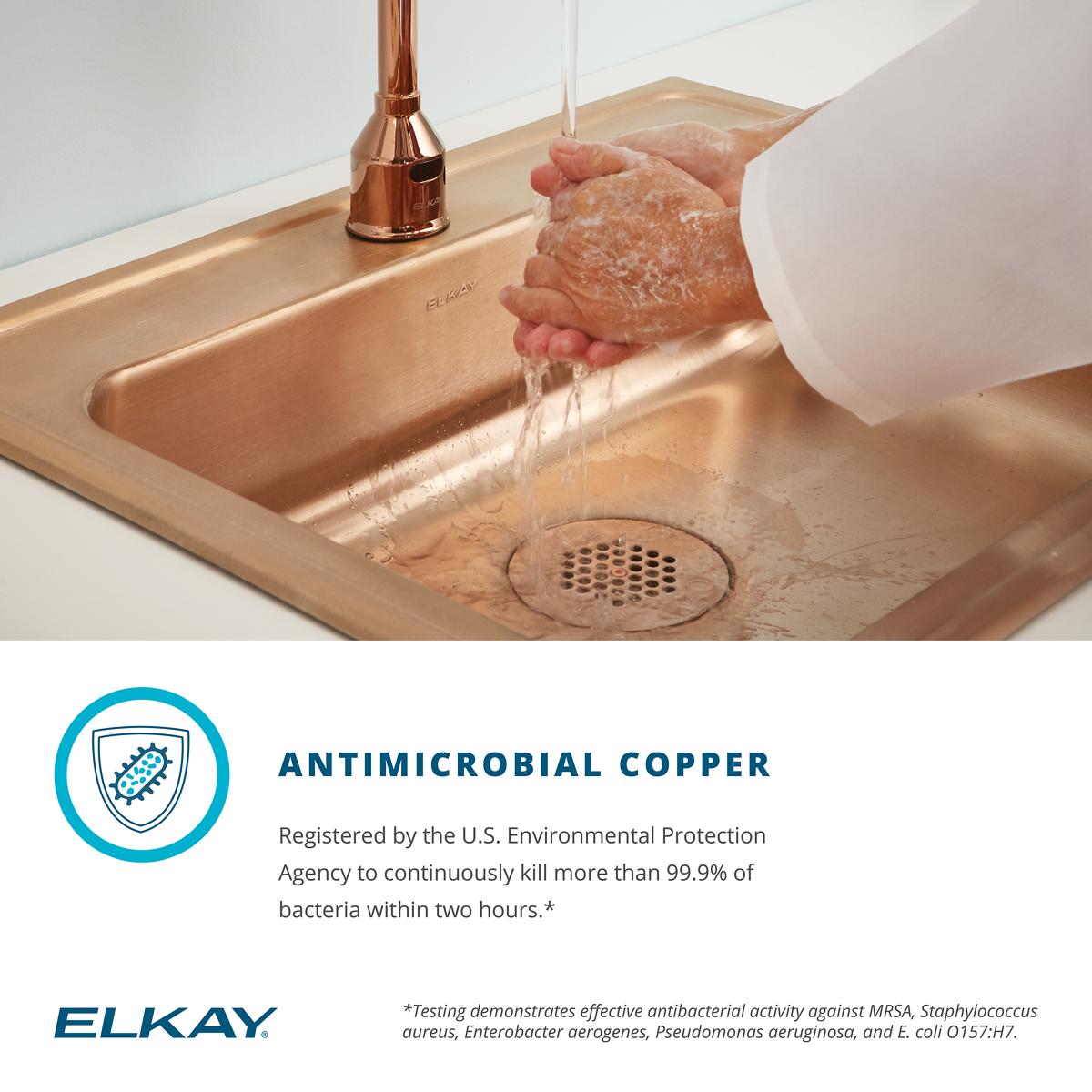 Elkay 20" Drop In/Topmount CuVerro Antimicrobial Copper ADA Kitchen Sink, Lustrous Satin, 2 Faucet Holes, LRAD1919652-CU