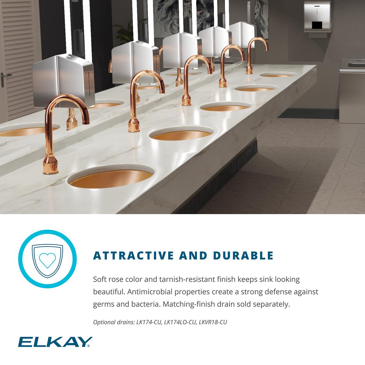Elkay 15" Drop In/Topmount CuVerro Antimicrobial Copper Kitchen Sink, Lustrous Satin, 2 Faucet Holes, LR15222-CU