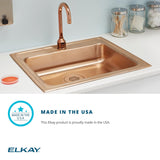 Elkay 20" Drop In/Topmount CuVerro Antimicrobial Copper ADA Kitchen Sink, Lustrous Satin, 3 Faucet Holes, LRAD1919653-CU