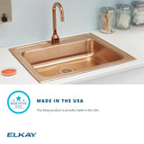 Elkay 22" Drop In/Topmount CuVerro Antimicrobial Copper ADA Kitchen Sink, Lustrous Satin, 1 Faucet Hole, LRAD2219451-CU