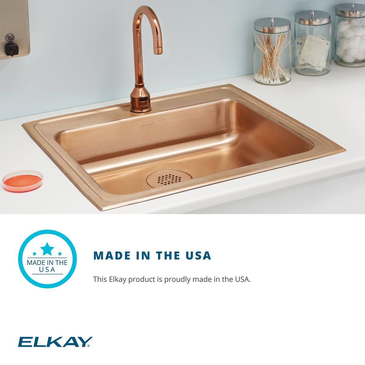Elkay 15" Drop In/Topmount CuVerro Antimicrobial Copper Kitchen Sink, Lustrous Satin, 2 Faucet Holes, LR15222-CU