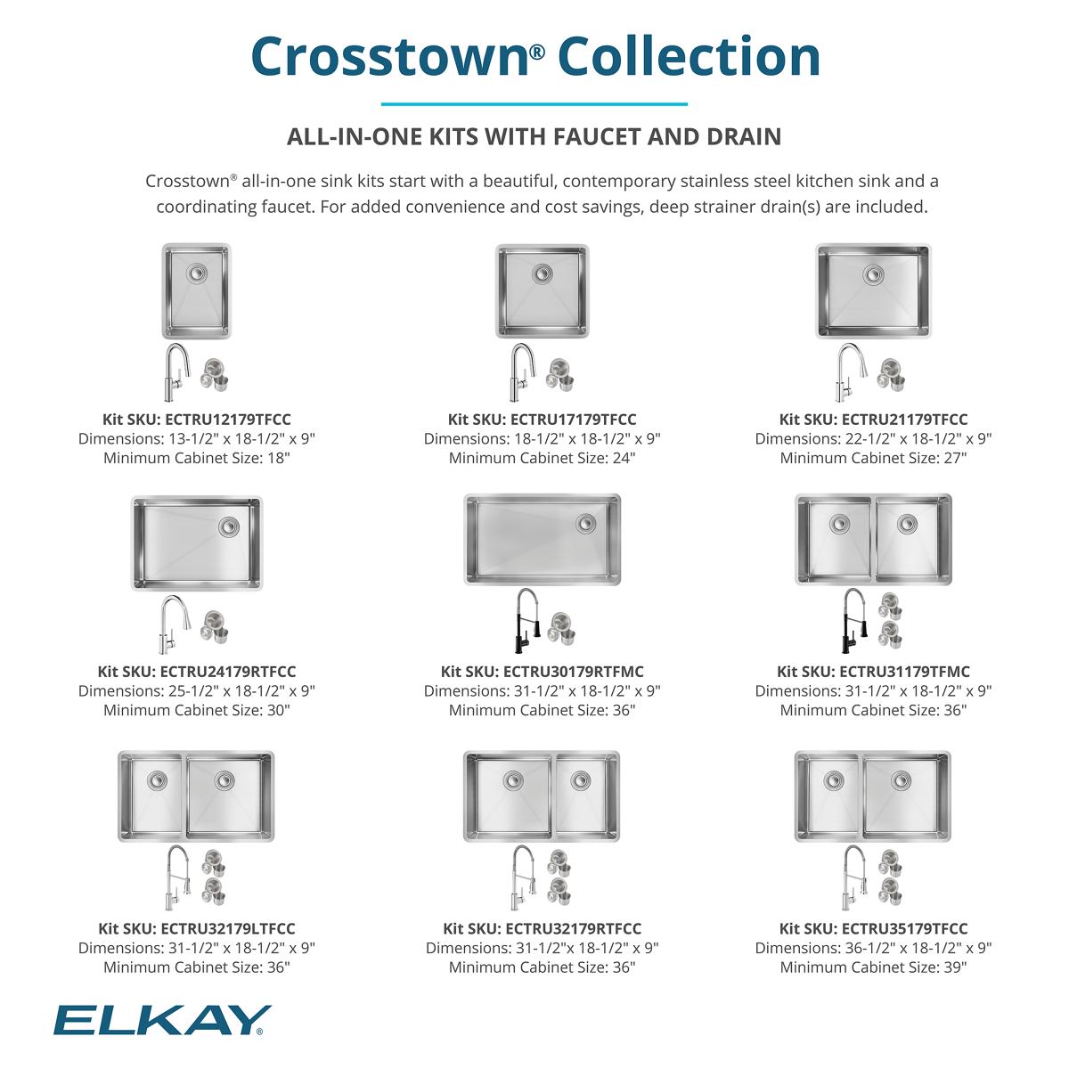 Elkay Crosstown 32" Undermount Stainless Steel Kitchen Sink with Faucet, 40/60 Double Bowl, Polished Satin, 18 Gauge, ECTRU32179LTFCC