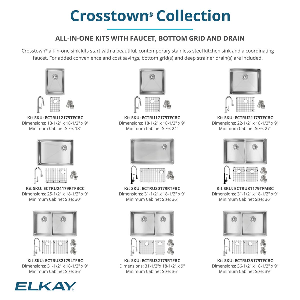 Elkay Crosstown 32" Undermount Stainless Steel Kitchen Sink with Faucet, 50/50 Double Bowl, Polished Satin, 18 Gauge, ECTRU31179TFMBC