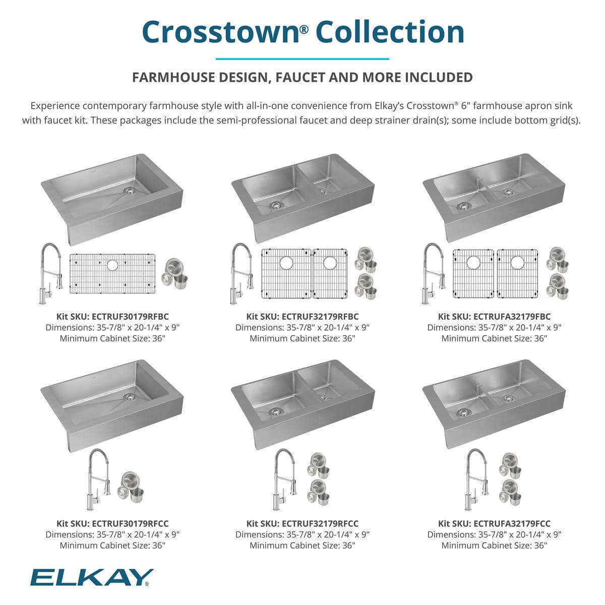 Elkay Crosstown 36" Stainless Steel Farmhouse Sink with Faucet, 60/40 Double Bowl, Polished Satin, 18 Gauge, ECTRUF32179RFCC
