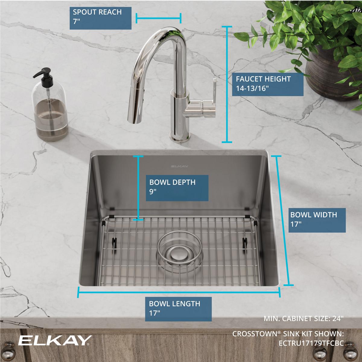 Elkay Crosstown 19" Undermount Stainless Steel Kitchen Sink with Faucet, Polished Satin, 18 Gauge, ECTRU17179TFCBC