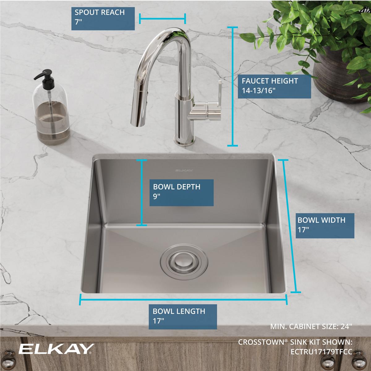 Elkay Crosstown 19" Undermount Stainless Steel Kitchen Sink with Faucet, Polished Satin, 18 Gauge, ECTRU17179TFCC