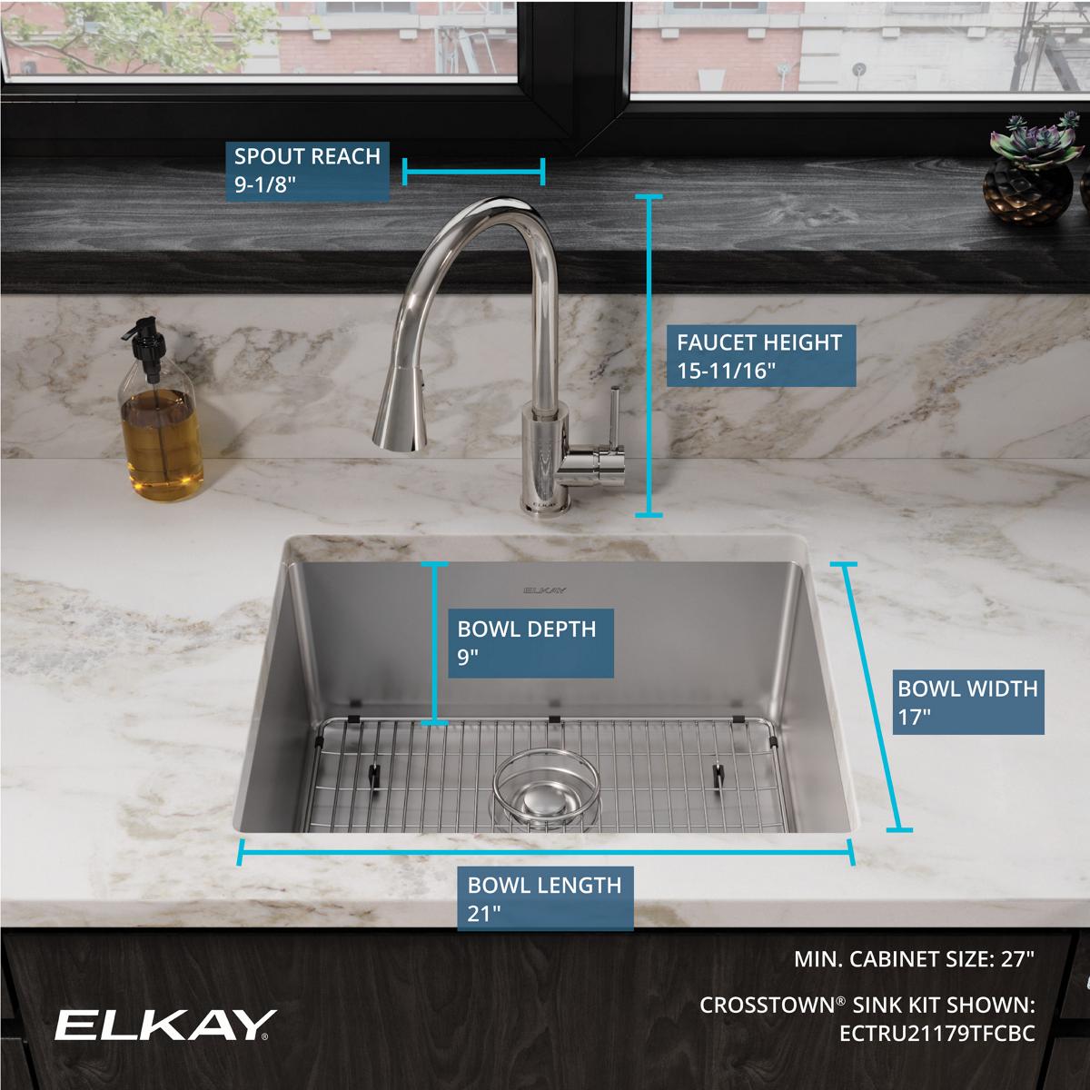 Elkay Crosstown 23" Undermount Stainless Steel Kitchen Sink with Faucet, Polished Satin, 18 Gauge, ECTRU21179TFCBC
