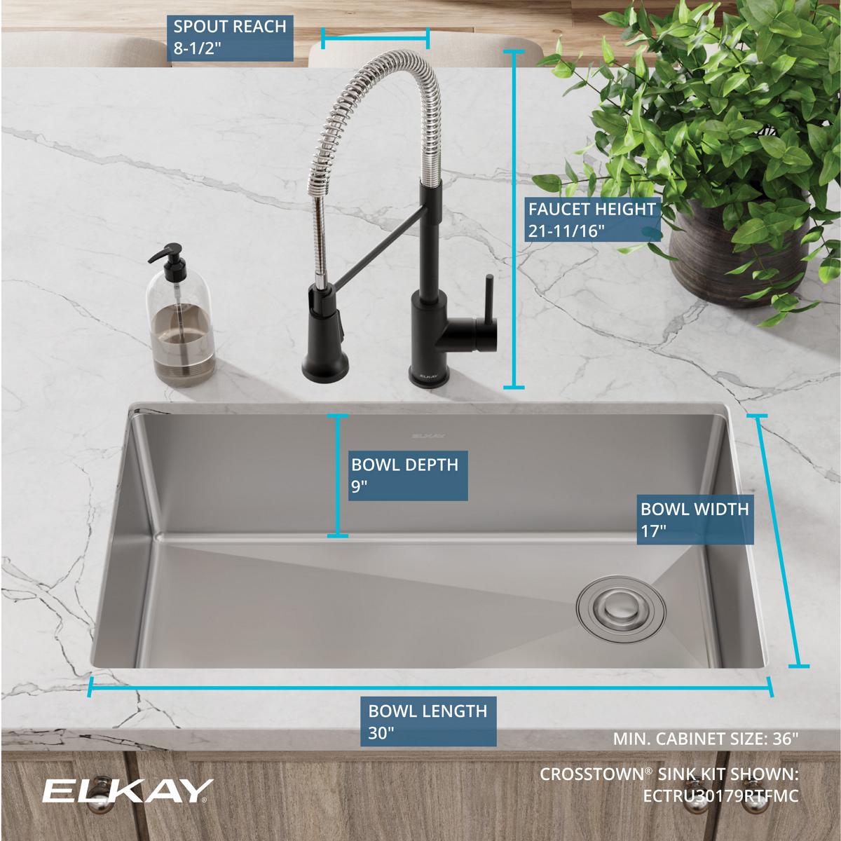 Elkay Crosstown 32" Undermount Stainless Steel Kitchen Sink with Faucet, Polished Satin, 18 Gauge, ECTRU30179RTFMC