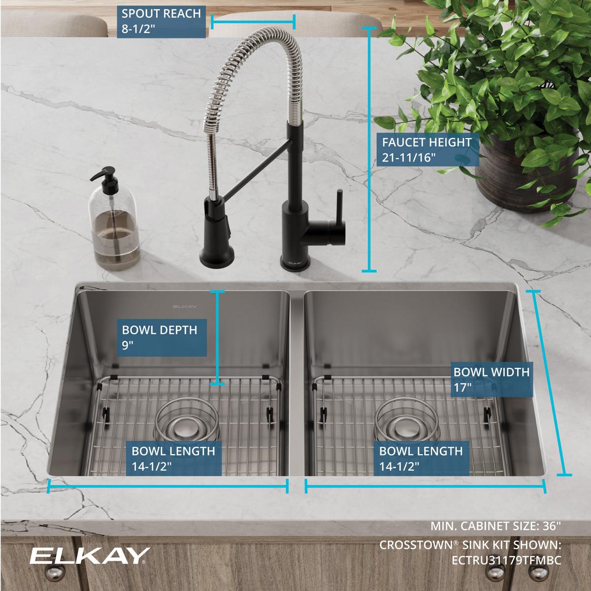 Elkay Crosstown 32" Undermount Stainless Steel Kitchen Sink with Faucet, 50/50 Double Bowl, Polished Satin, 18 Gauge, ECTRU31179TFMBC