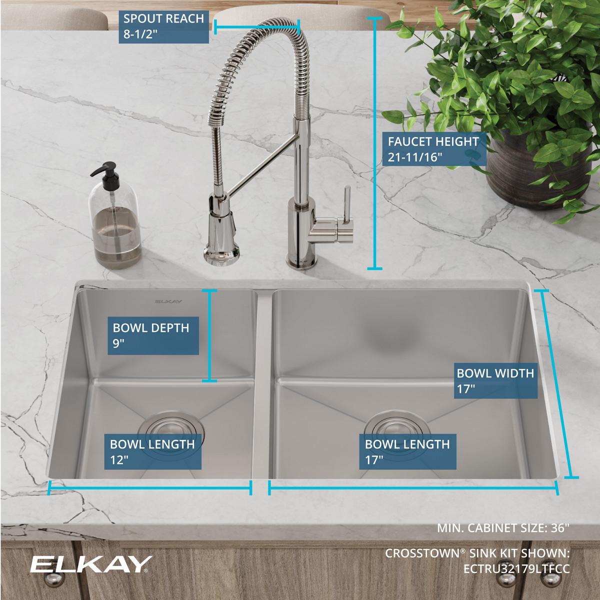 Elkay Crosstown 32" Undermount Stainless Steel Kitchen Sink with Faucet, 40/60 Double Bowl, Polished Satin, 18 Gauge, ECTRU32179LTFCC