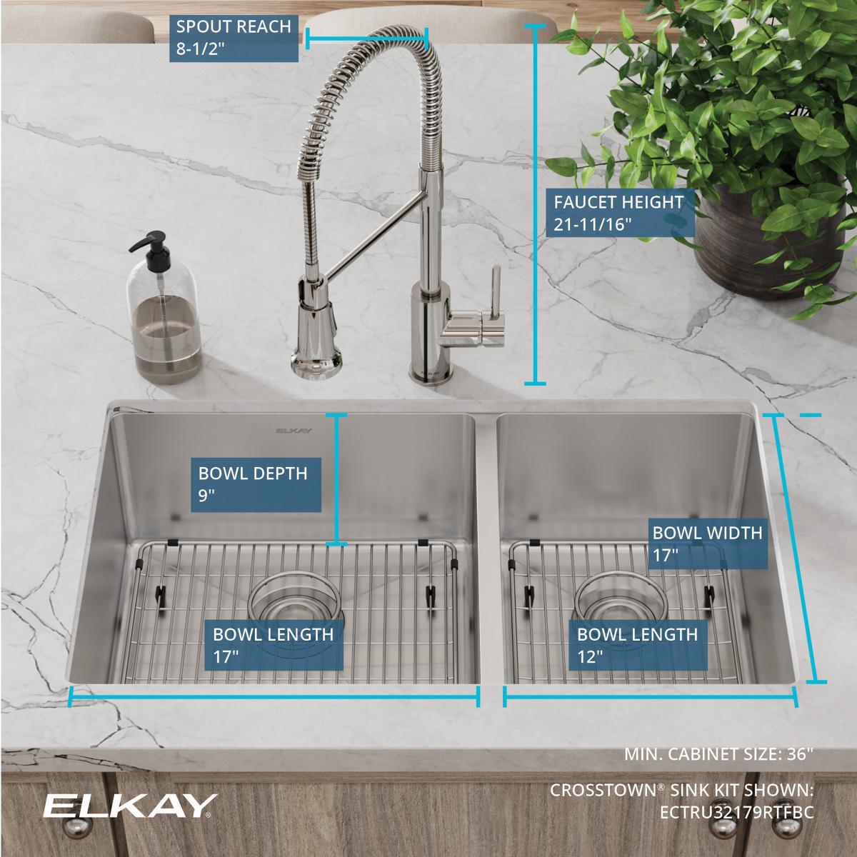 Elkay Crosstown 32" Undermount Stainless Steel Kitchen Sink with Faucet, 60/40 Double Bowl, Polished Satin, 18 Gauge, ECTRU32179RTFBC