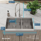 Elkay Crosstown 36" Stainless Steel Farmhouse Sink with Faucet, 60/40 Double Bowl, Polished Satin, 18 Gauge, ECTRUF32179RFBC