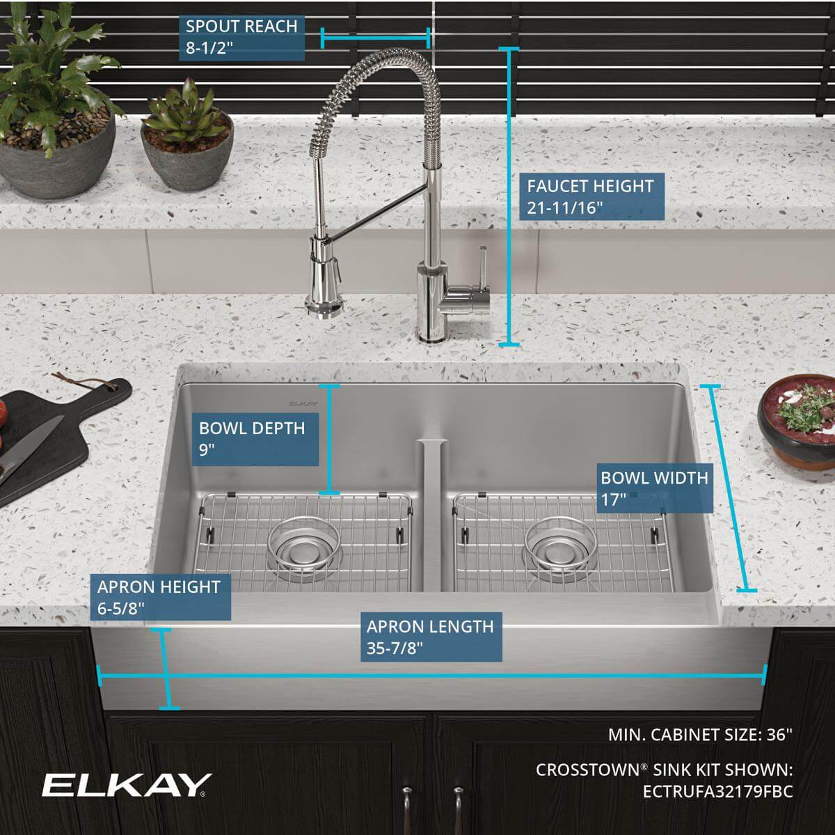 Elkay Crosstown 36" Stainless Steel Farmhouse Sink with Faucet, 50/50 with Aqua Divide Double Bowl, Polished Satin, 18 Gauge, ECTRUFA32179FBC