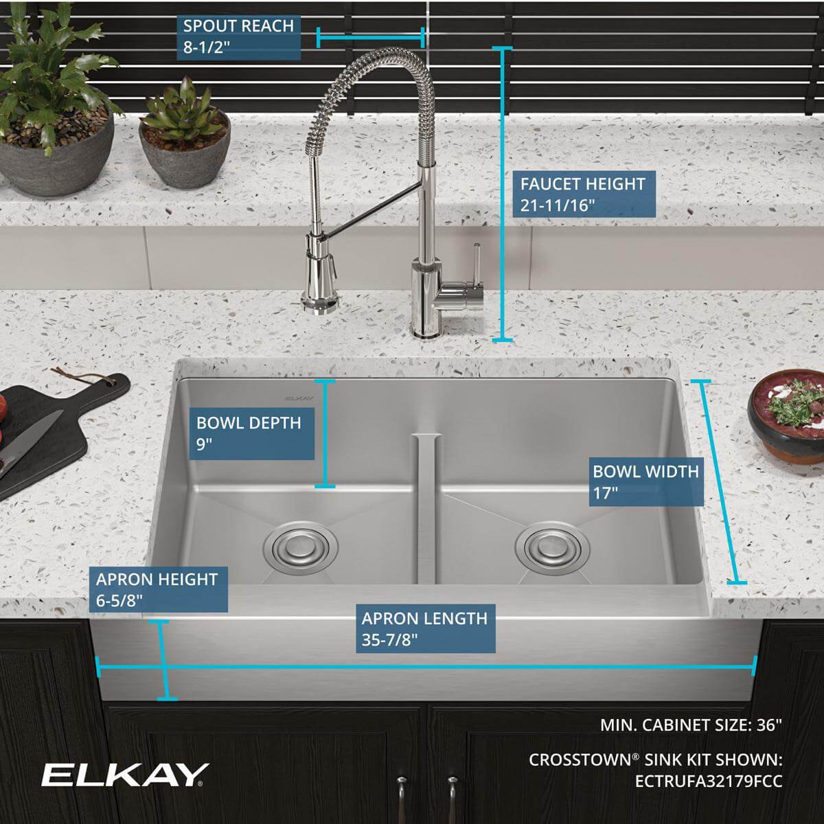 Elkay Crosstown 36" Stainless Steel Farmhouse Sink with Faucet, 50/50 with Aqua Divide Double Bowl, Polished Satin, 18 Gauge, ECTRUFA32179FCC