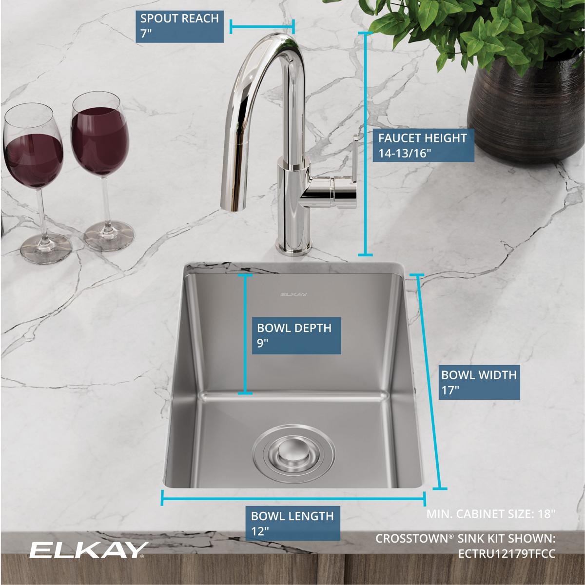 Elkay Crosstown 14" Rectangular Stainless Steel Bar/Prep Sink with Faucet, Polished Satin, 18 Gauge, ECTRU12179TFCC
