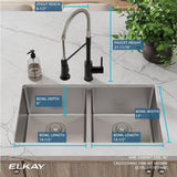Elkay Crosstown 32" Undermount Stainless Steel Kitchen Sink with Faucet, 50/50 Double Bowl, Polished Satin, 18 Gauge, ECTRU31179TFMC