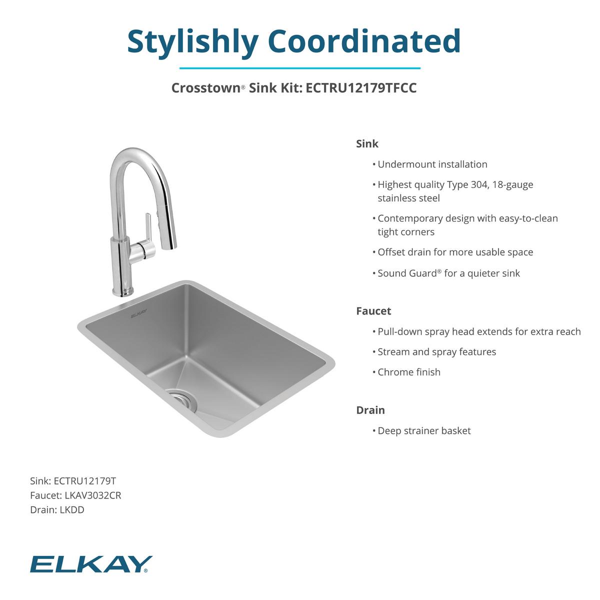 Elkay Crosstown 14" Rectangular Stainless Steel Bar/Prep Sink with Faucet, Polished Satin, 18 Gauge, ECTRU12179TFCC