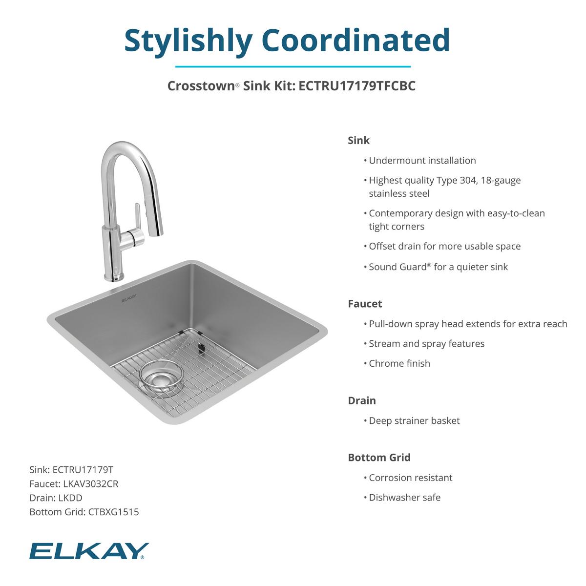 Elkay Crosstown 19" Undermount Stainless Steel Kitchen Sink with Faucet, Polished Satin, 18 Gauge, ECTRU17179TFCBC