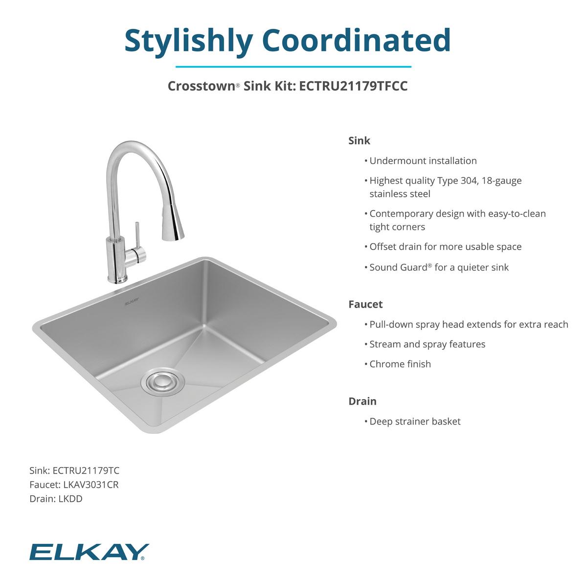 Elkay Crosstown 23" Undermount Stainless Steel Kitchen Sink with Faucet, Polished Satin, 18 Gauge, ECTRU21179TFCC