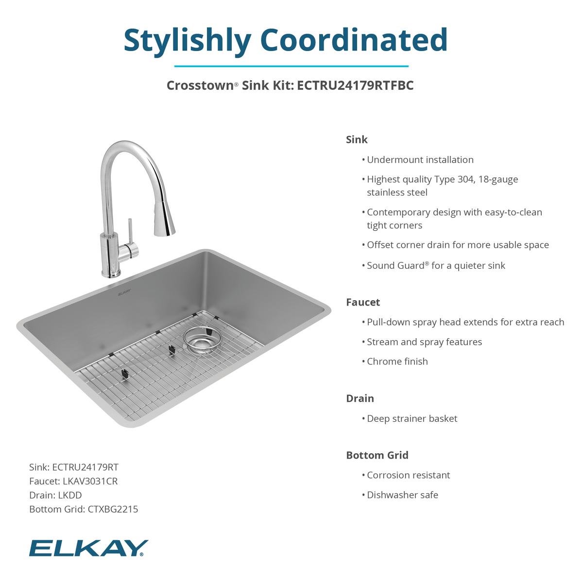 Elkay Crosstown 26" Undermount Stainless Steel Kitchen Sink with Faucet, Single Bowl Polished Satin, 18 Gauge, ECTRU24179RTFBC