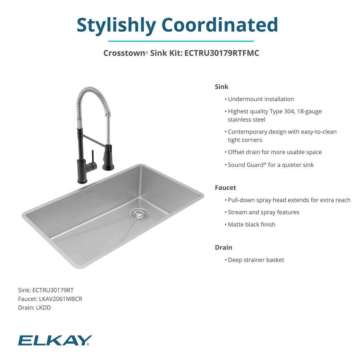 Elkay Crosstown 32" Undermount Stainless Steel Kitchen Sink with Faucet, Polished Satin, 18 Gauge, ECTRU30179RTFMC