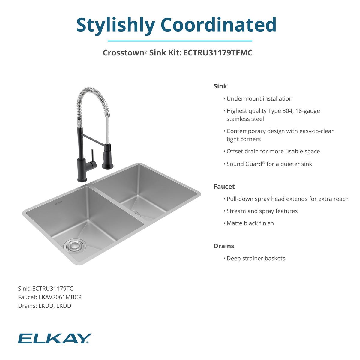 Elkay Crosstown 32" Undermount Stainless Steel Kitchen Sink with Faucet, 50/50 Double Bowl, Polished Satin, 18 Gauge, ECTRU31179TFMC