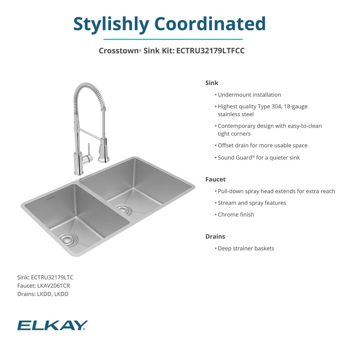 Elkay Crosstown 32" Undermount Stainless Steel Kitchen Sink with Faucet, 40/60 Double Bowl, Polished Satin, 18 Gauge, ECTRU32179LTFCC