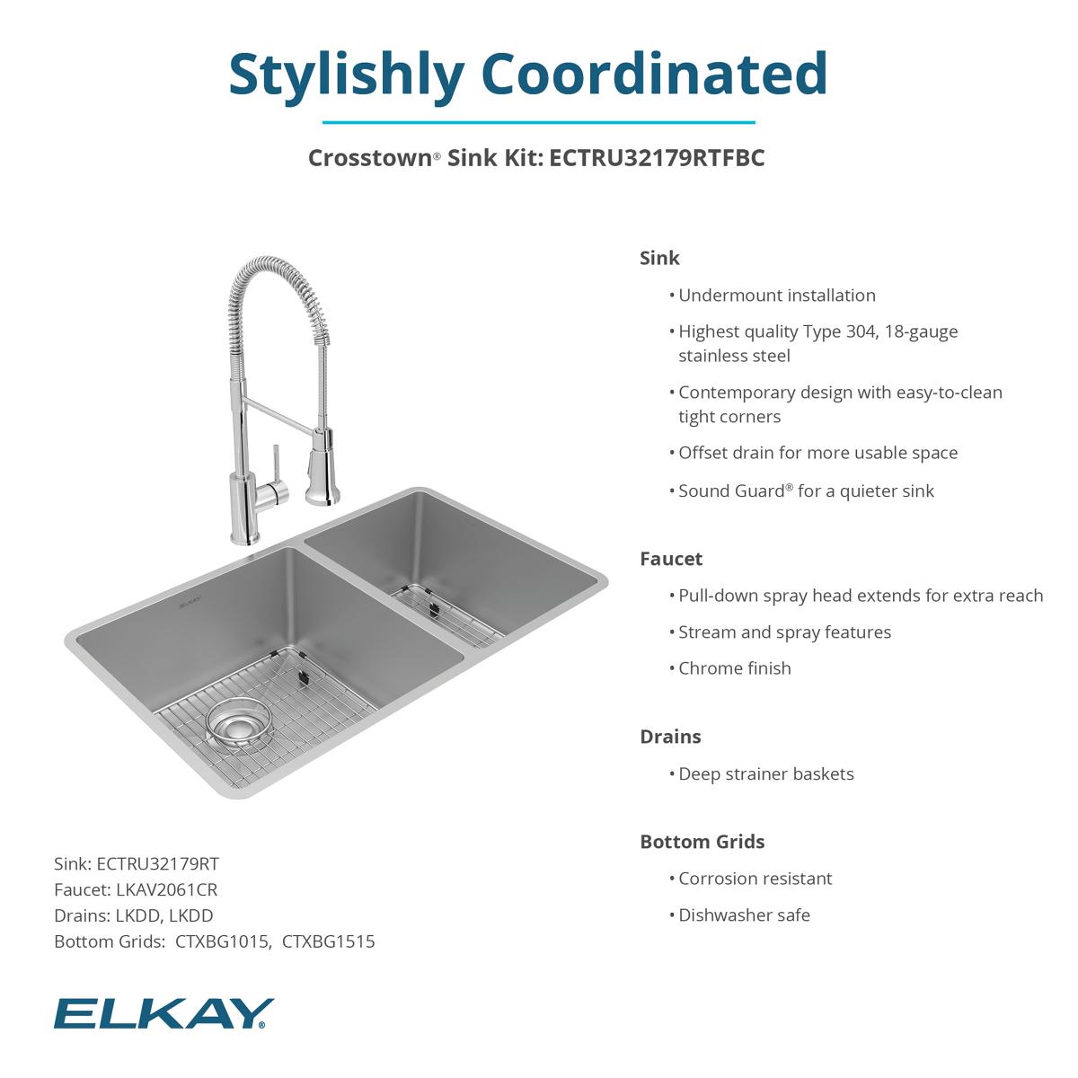 Elkay Crosstown 32" Undermount Stainless Steel Kitchen Sink with Faucet, 60/40 Double Bowl, Polished Satin, 18 Gauge, ECTRU32179RTFBC