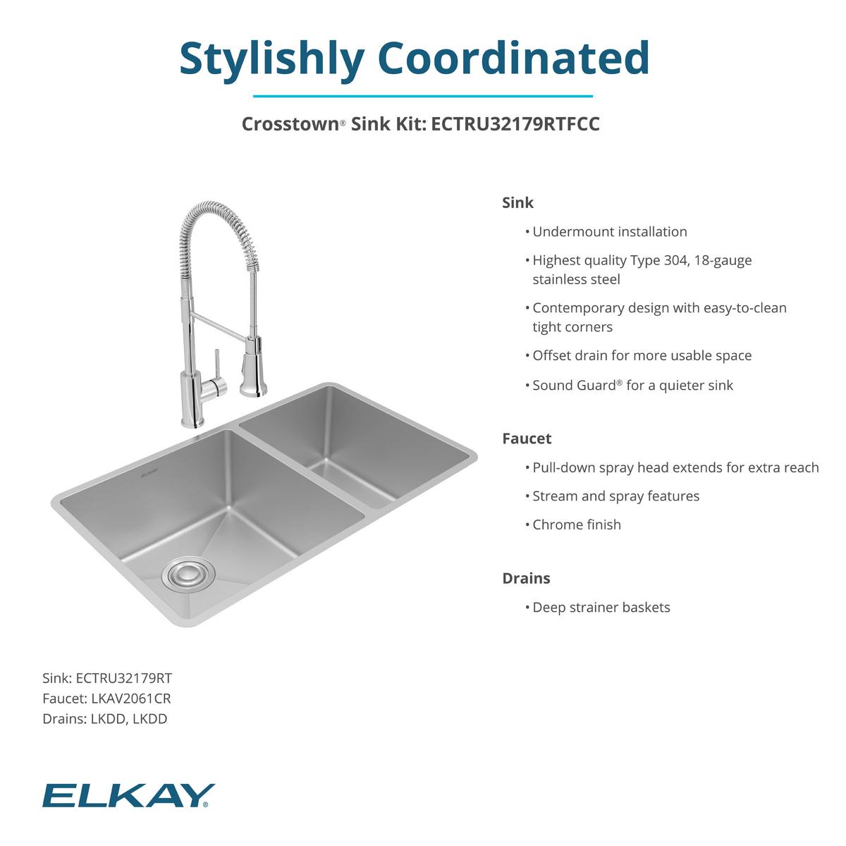 Elkay Crosstown 32" Undermount Stainless Steel Kitchen Sink with Faucet, 60/40 Double Bowl, Polished Satin, 18 Gauge, ECTRU32179RTFCC