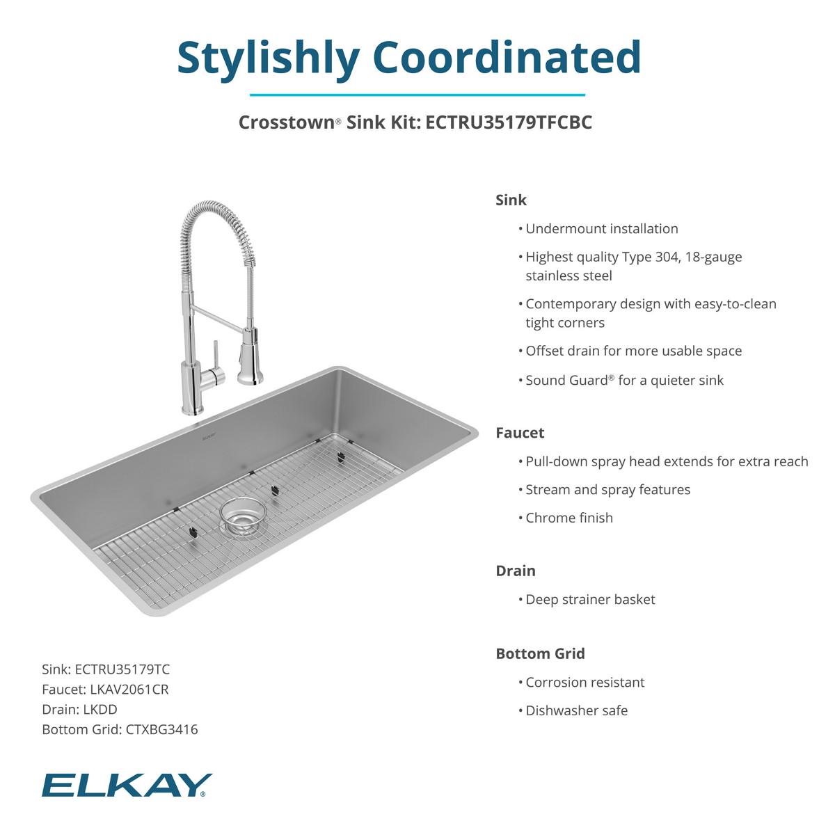 Elkay Crosstown 37" Undermount Stainless Steel Kitchen Sink with Faucet, Polished Satin, 18 Gauge, ECTRU35179TFCBC