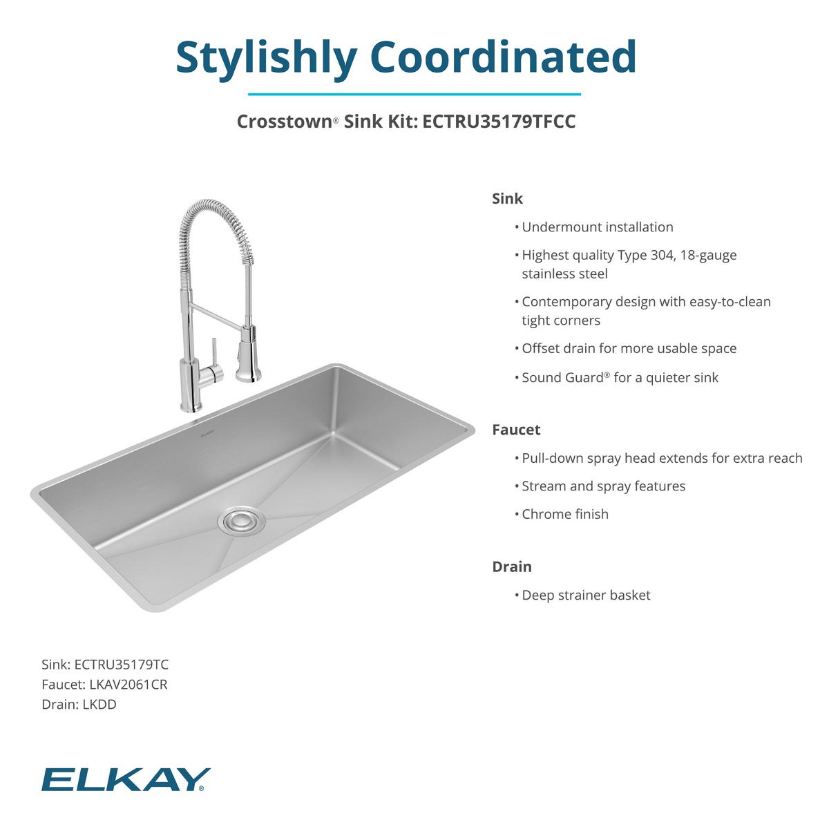 Elkay Crosstown 37" Undermount Stainless Steel Kitchen Sink with Faucet, Polished Satin, 18 Gauge, ECTRU35179TFCC