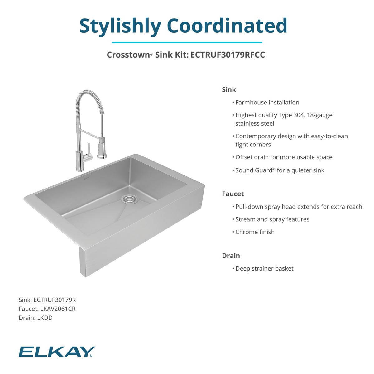 Elkay Crosstown 36" Stainless Steel Farmhouse Sink with Faucet, Polished Satin, 18 Gauge, ECTRUF30179RFCC