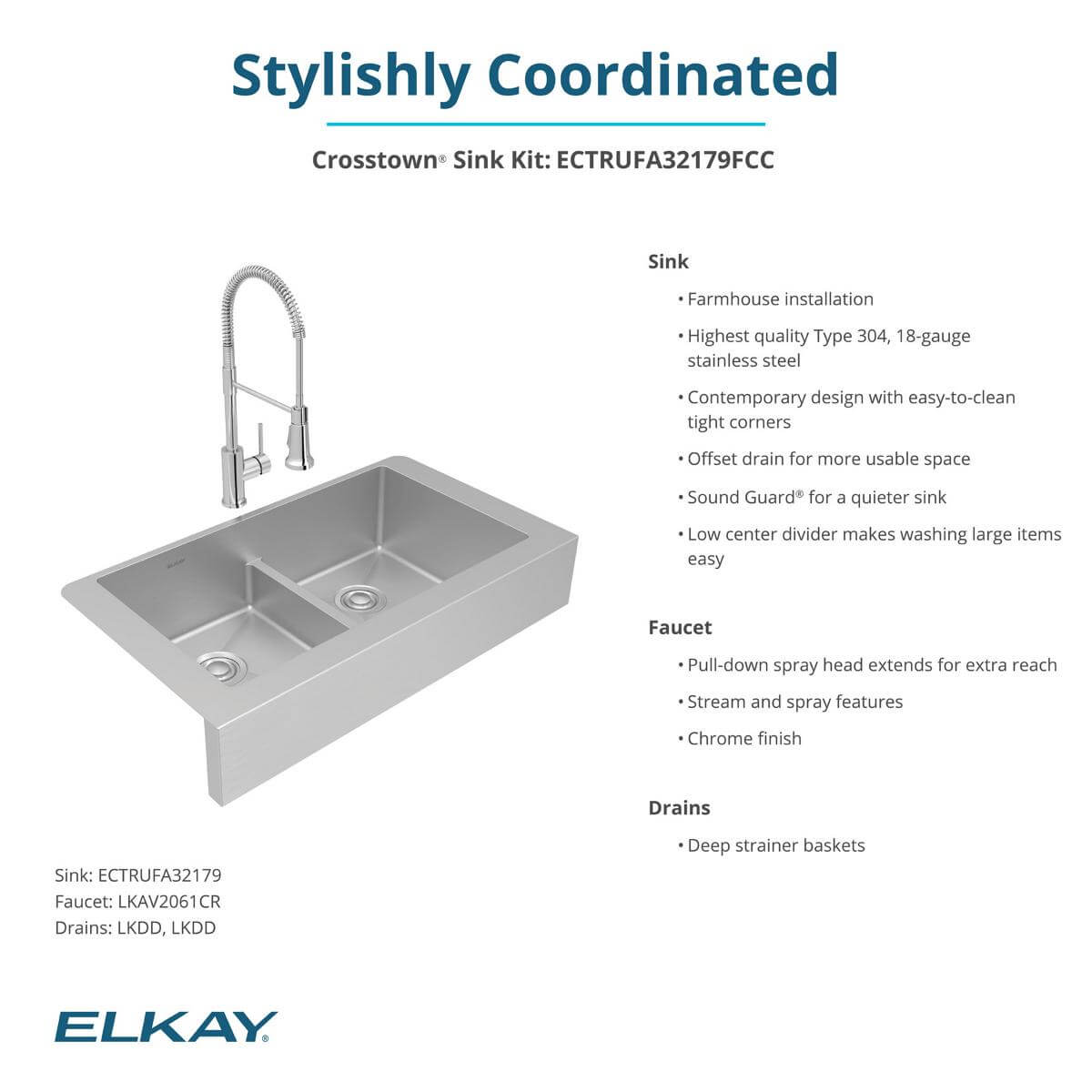 Elkay Crosstown 36" Stainless Steel Farmhouse Sink with Faucet, 50/50 with Aqua Divide Double Bowl, Polished Satin, 18 Gauge, ECTRUFA32179FCC