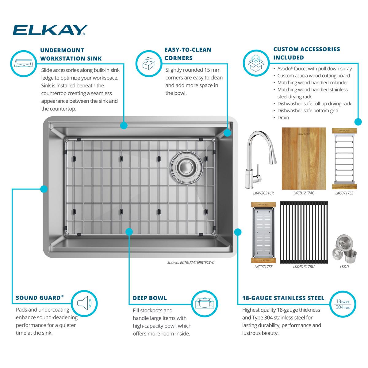 Elkay Crosstown 26" Undermount Stainless Steel Workstation Kitchen Sink with Faucet, Polished Satin, 18 Gauge, ECTRU24169RTFCW