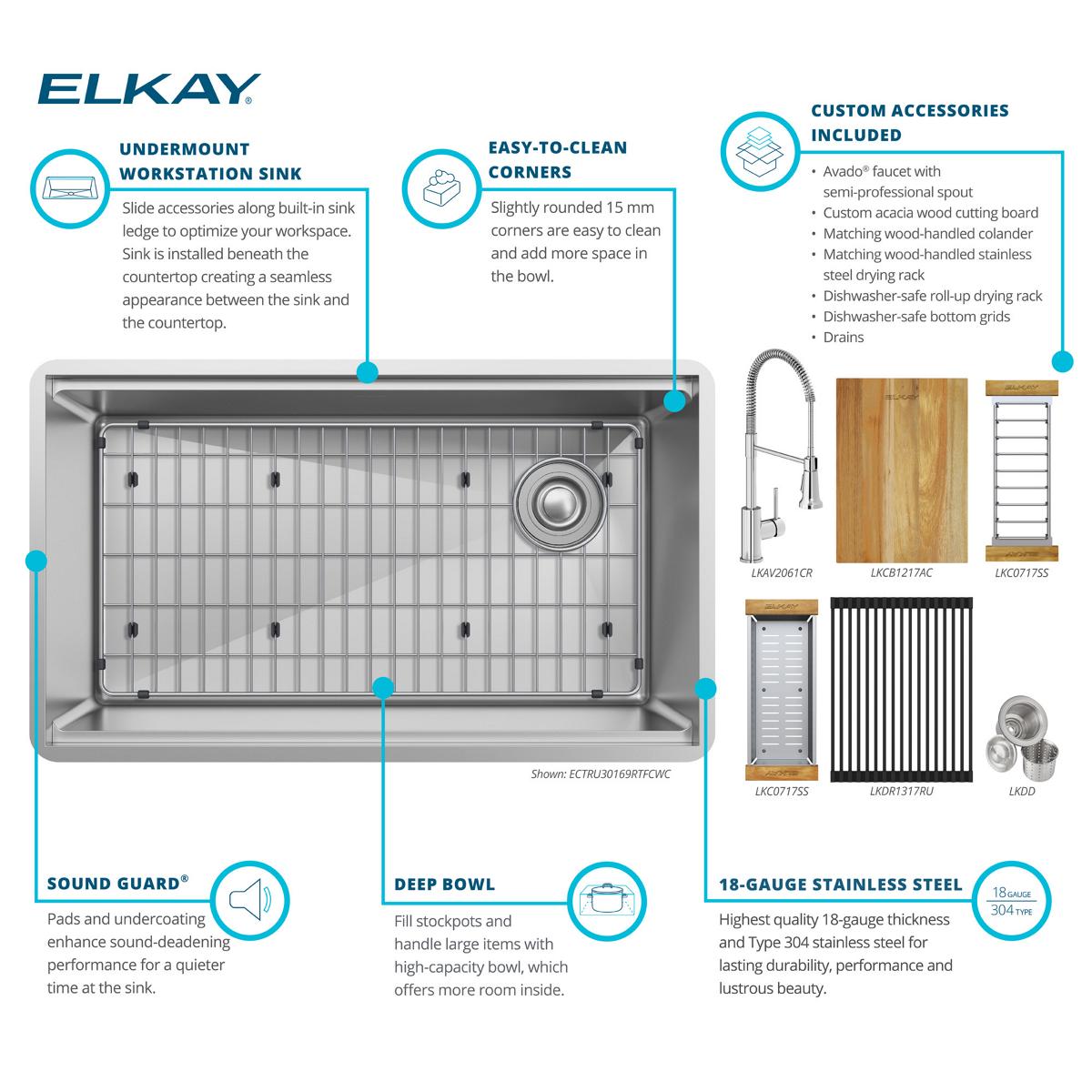 Elkay Crosstown 32" Undermount Stainless Steel Workstation Kitchen Sink with Faucet, Single Bowl Polished Satin, 18 Gauge, ECTRU30169RTFCW