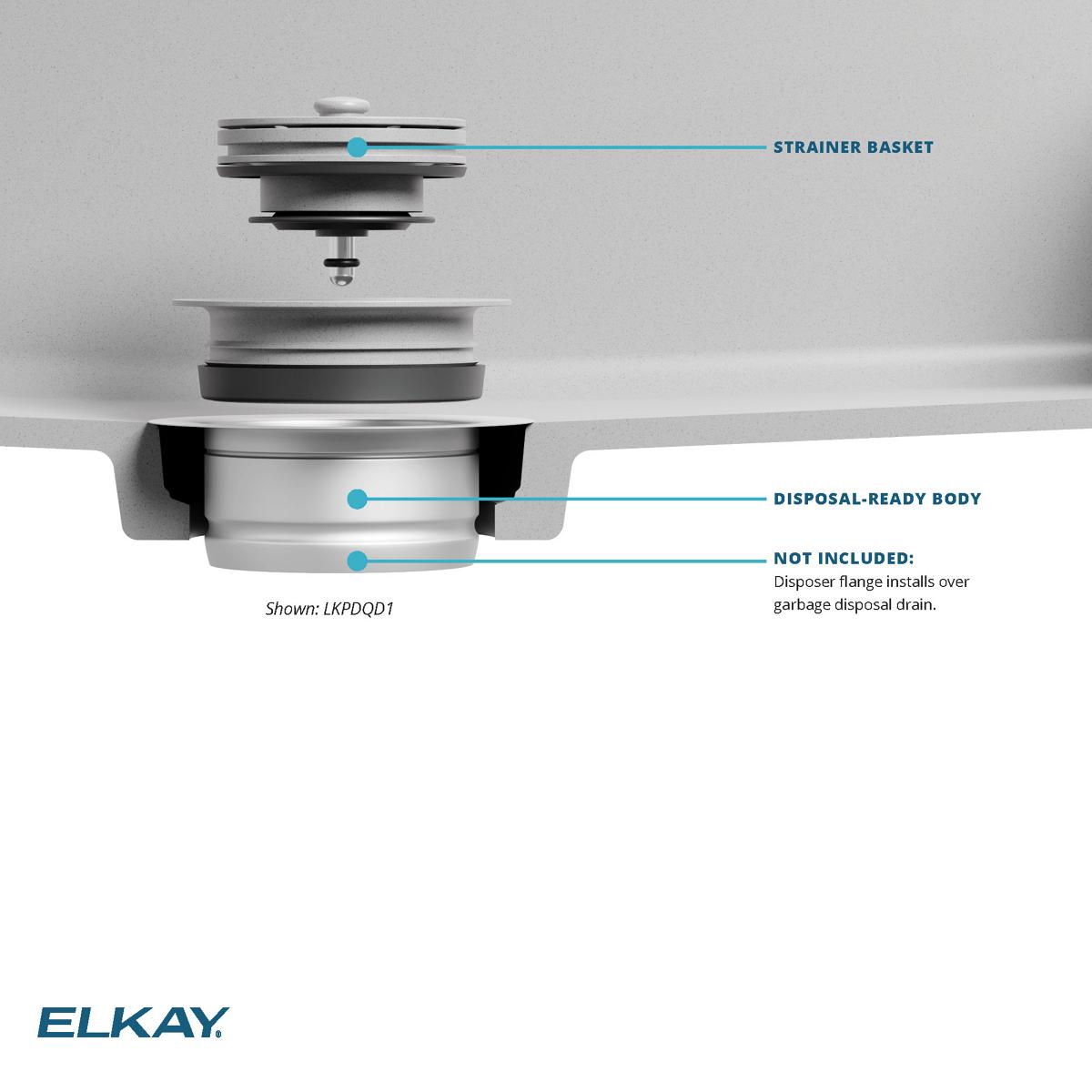 Elkay Quartz Perfect Drain 3-1/2" Polymer Disposer Flange with Removable Basket Strainer and Rubber Stopper White, LKPDQD1WH